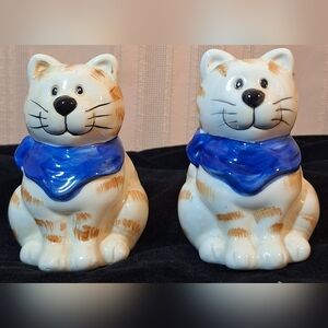 NWT Ceramic Cat Salt and Pepper Shakers with Blue Scarves